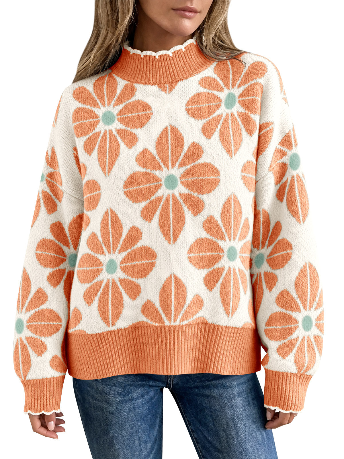 Saodimallsu Womens Mock Neck Floral Knit Sweater