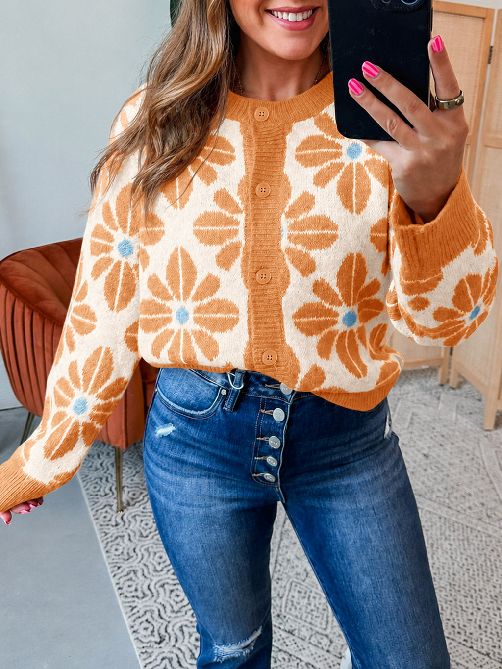 Saodimallsu Womens Floral Button Up Vintage Sweater