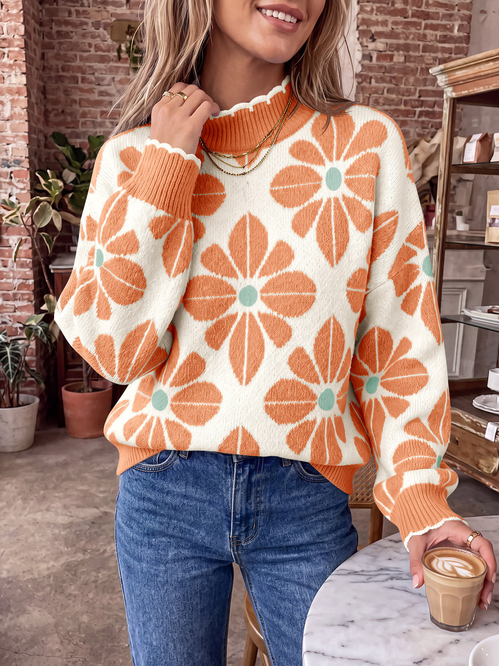 Saodimallsu Womens Mock Neck Floral Knit Sweater