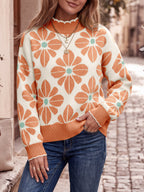 Saodimallsu Womens Mock Neck Floral Knit Sweater