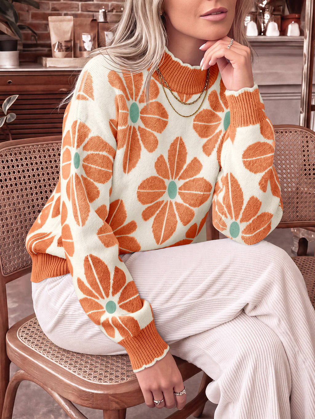 Saodimallsu Womens Mock Neck Floral Knit Sweater