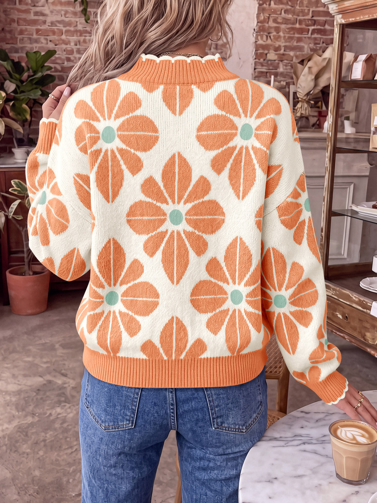 Saodimallsu Womens Mock Neck Floral Knit Sweater