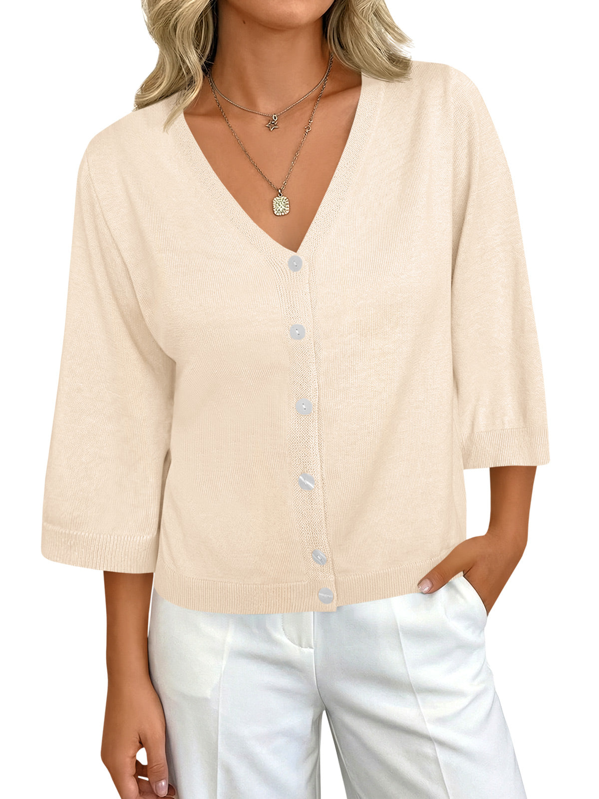 Womens Summer Lightweight V Neck Half Sleeve Knit Cardigans