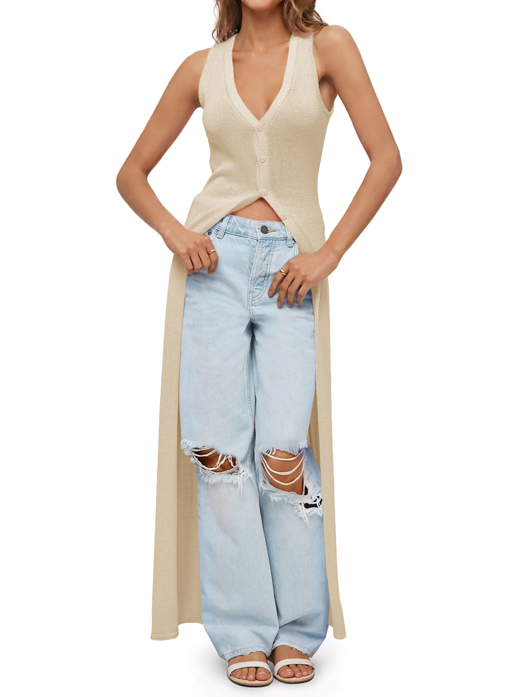 Saodimallsu Womens Sleeveless V Neck Long Cardigans