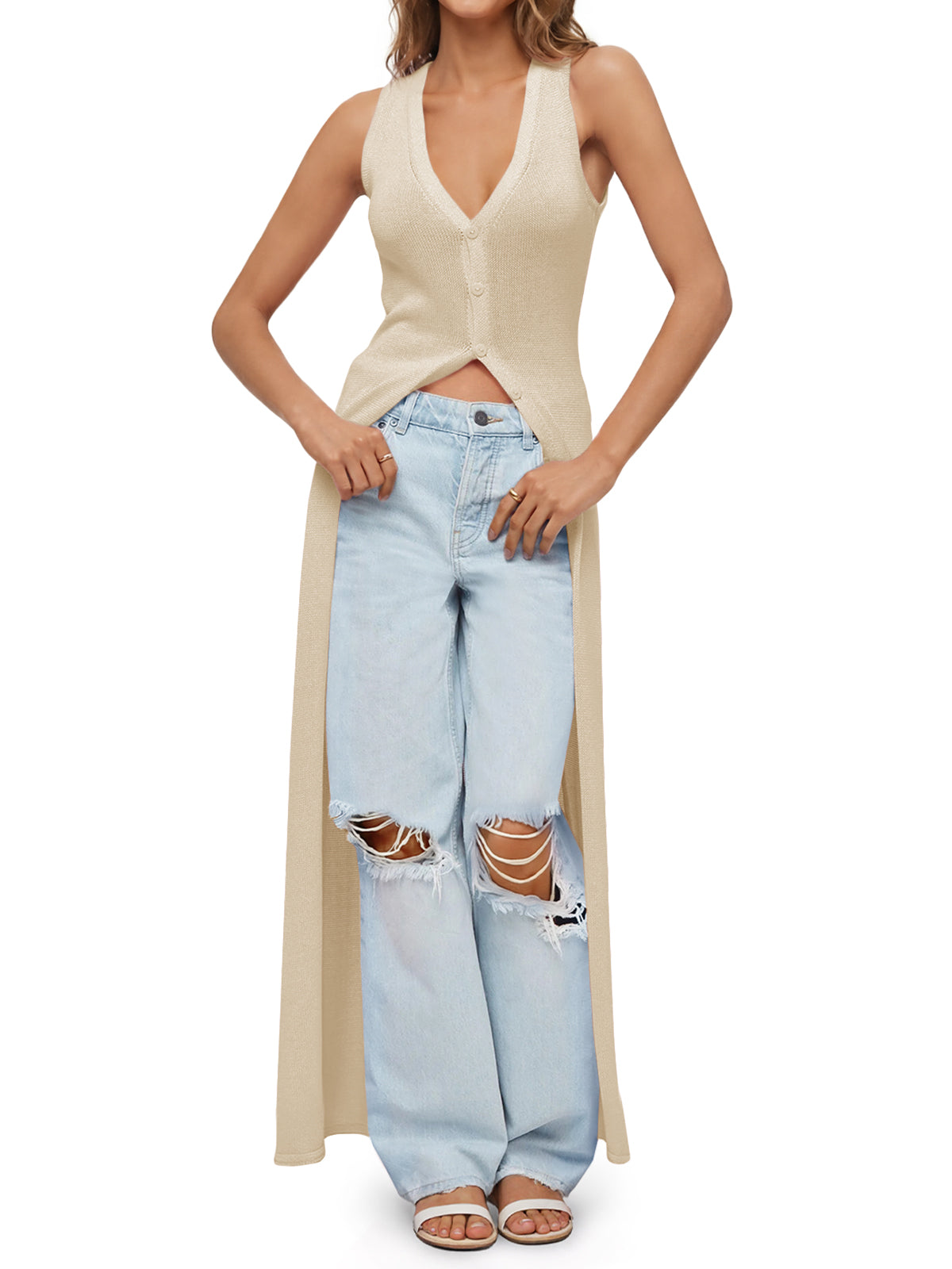 Saodimallsu Womens Sleeveless V Neck Long Cardigans