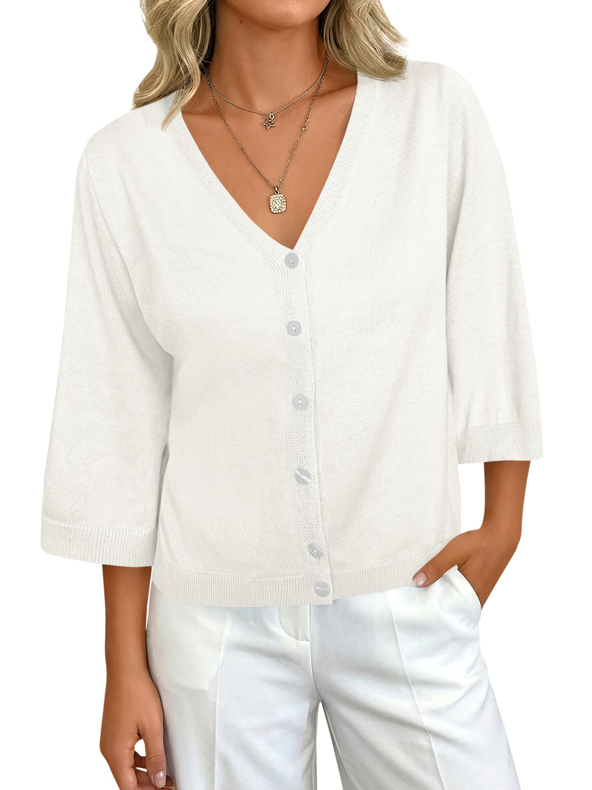 Womens Summer Lightweight V Neck Half Sleeve Knit Cardigans