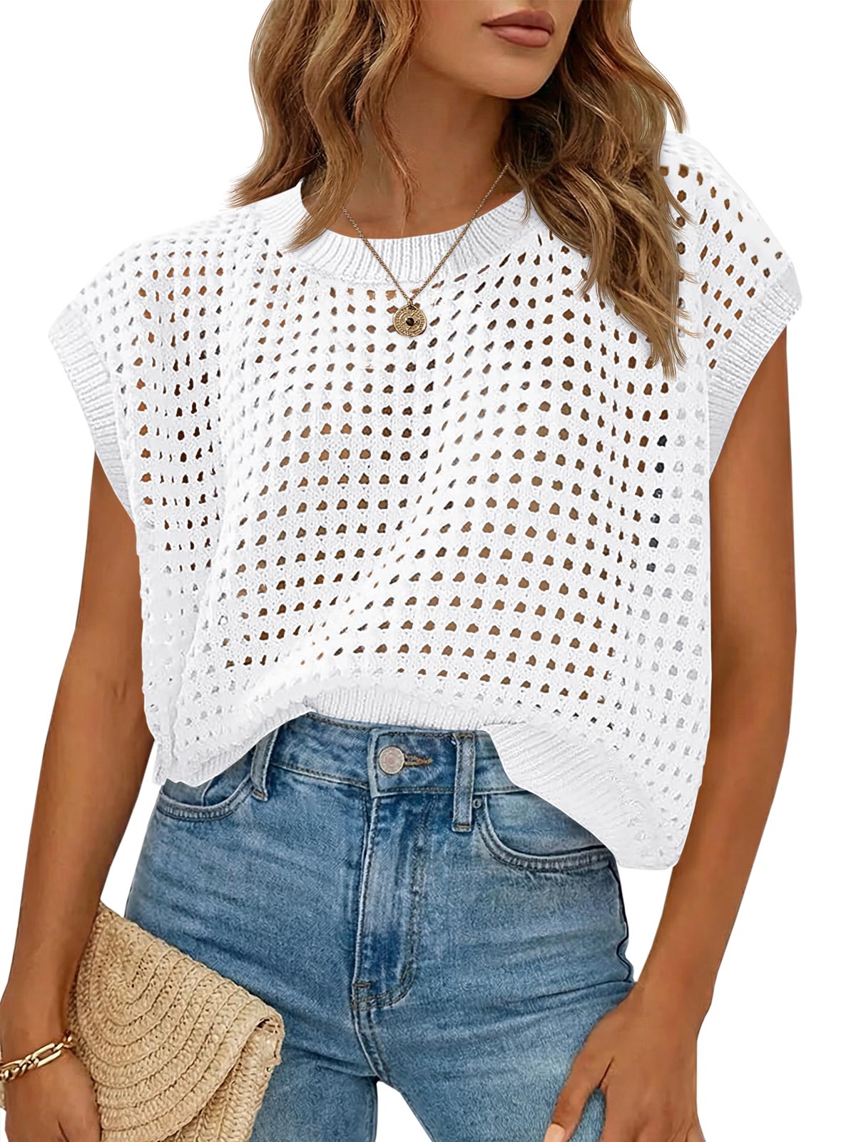 Saodimallsu Womens Summer Crochet Cap Sleeve Sweater Tops