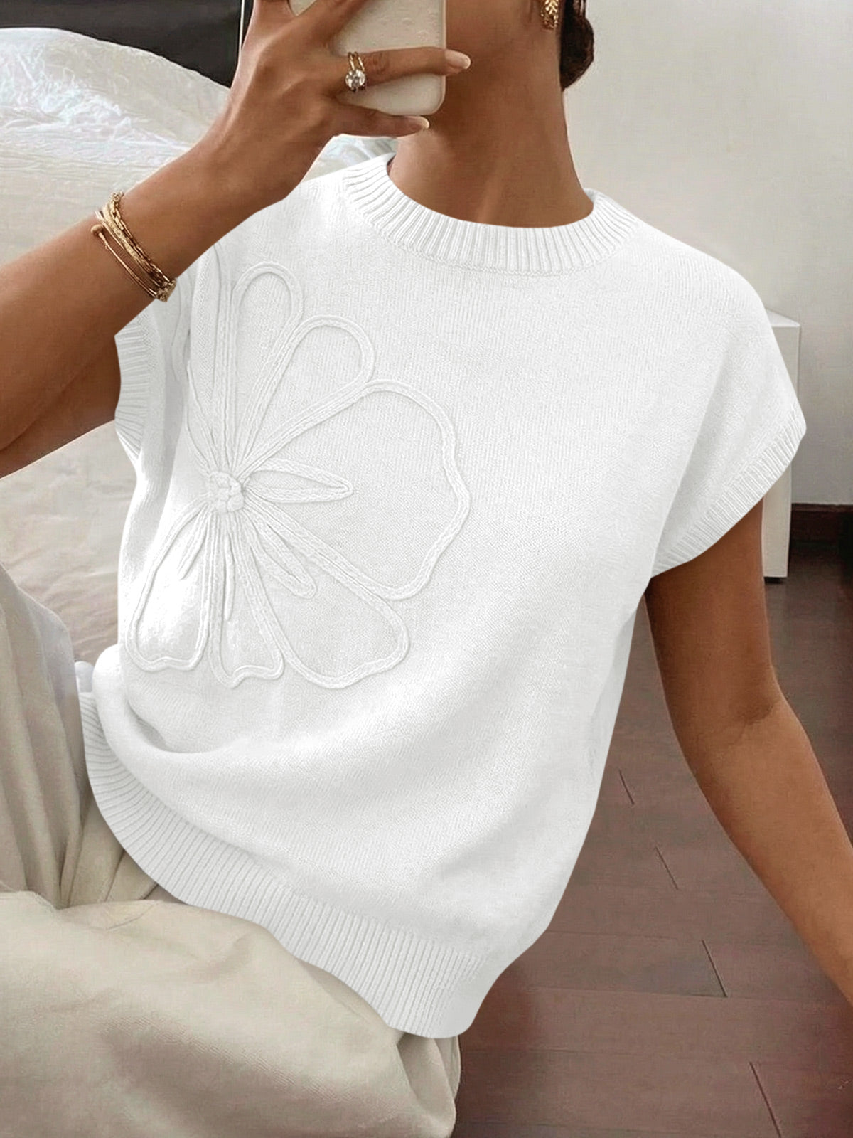 Saodimallsu Womens Short Sleeve Trendy Floral Pullover Sweaters