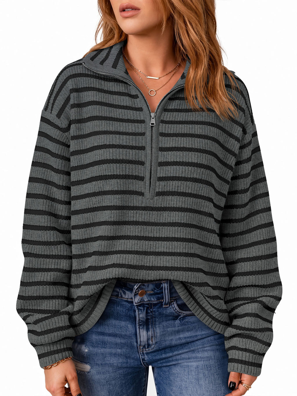 Saodimallsu Womens Striped Half Zip Sweater