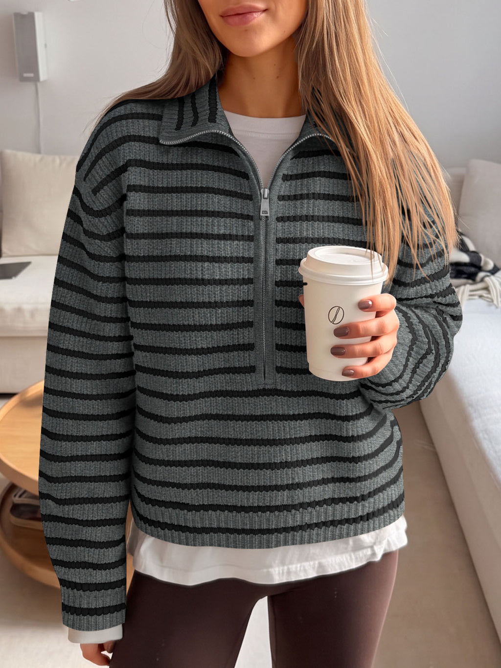 Saodimallsu Womens Striped Half Zip Sweater