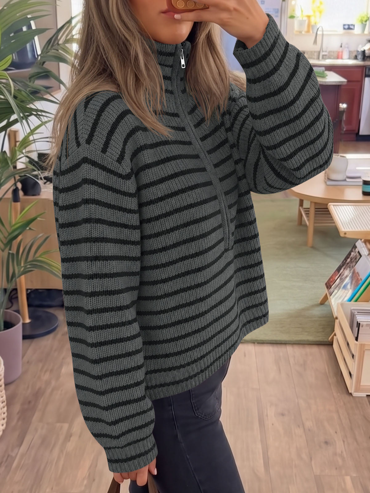 Saodimallsu Womens Striped Half Zip Sweater