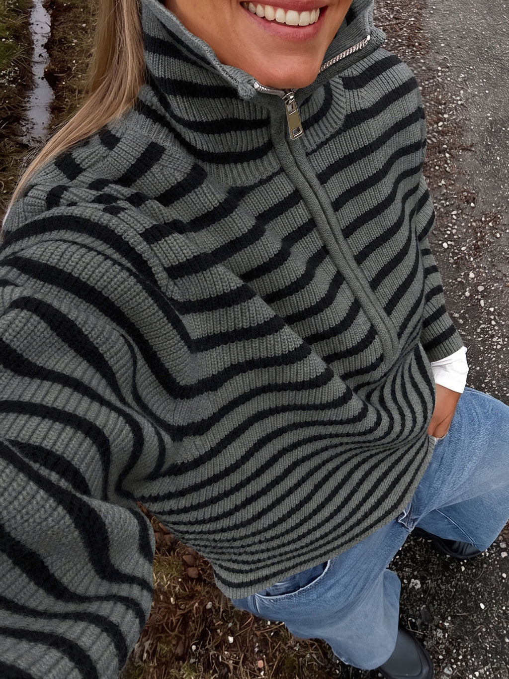 Saodimallsu Womens Striped Half Zip Sweater