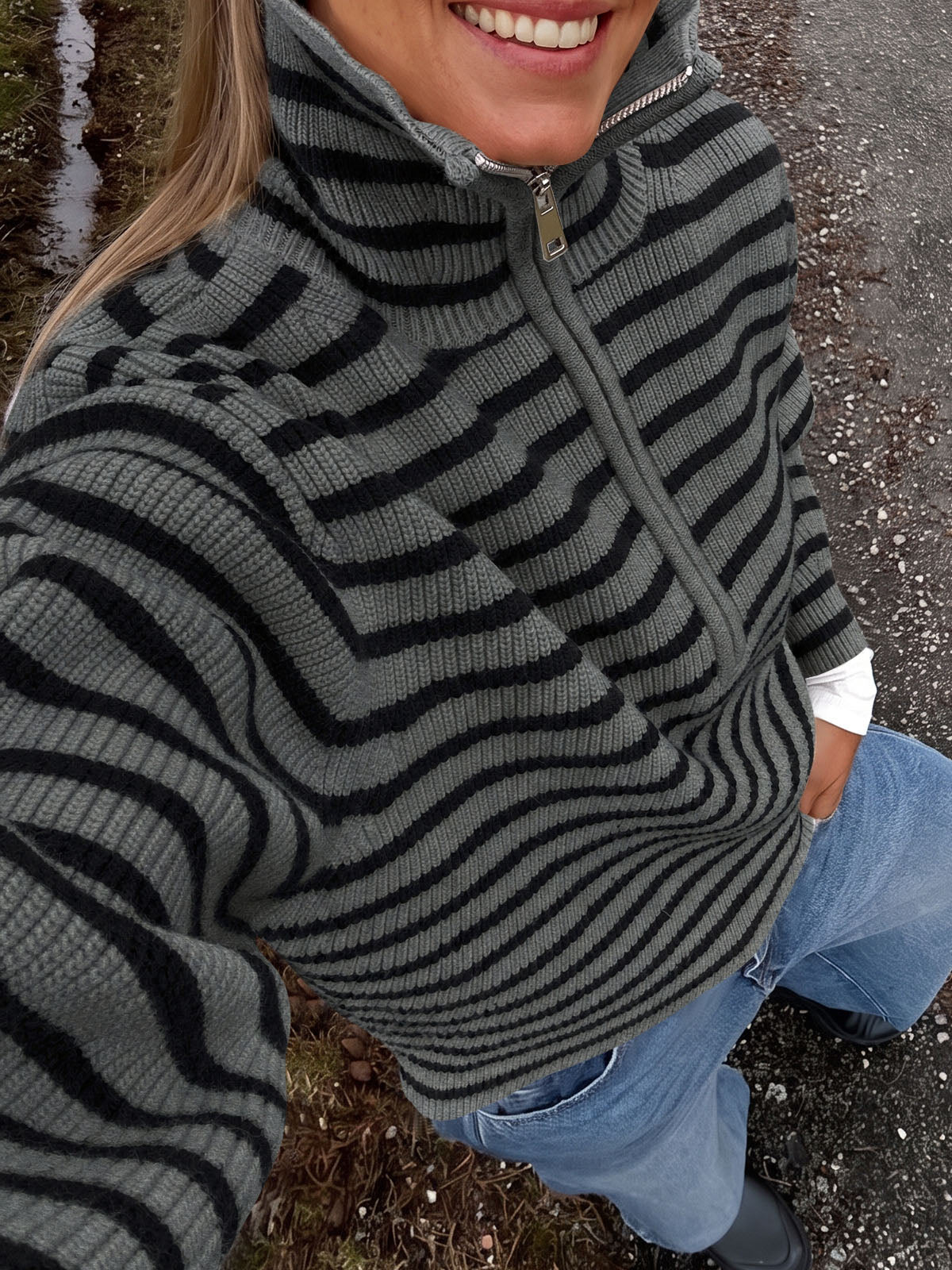 Saodimallsu Womens Striped Half Zip Sweater