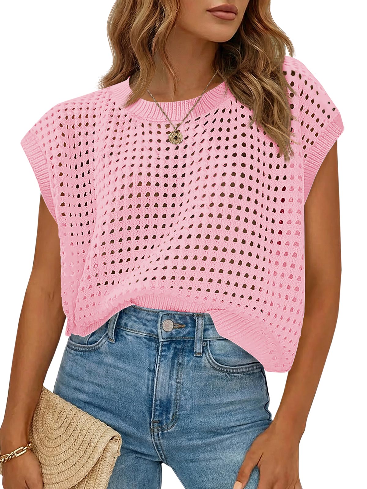 Saodimallsu Womens Summer Crochet Cap Sleeve Sweater Tops