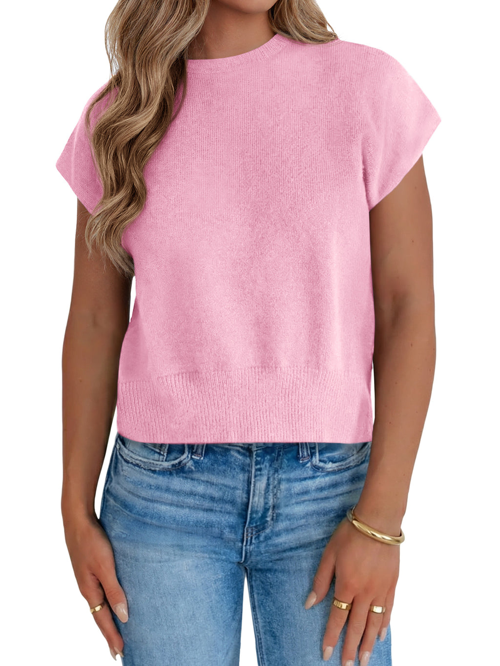 Saodimallsu Womens Crew Neck Cap Sleeve Sweater