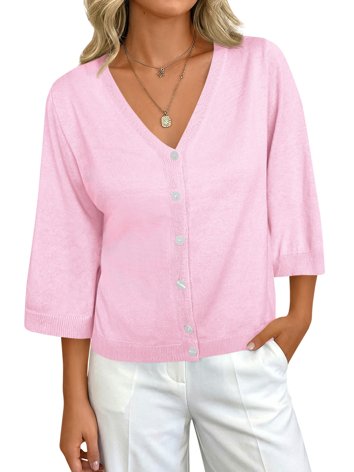 Womens Summer Lightweight V Neck Half Sleeve Knit Cardigans