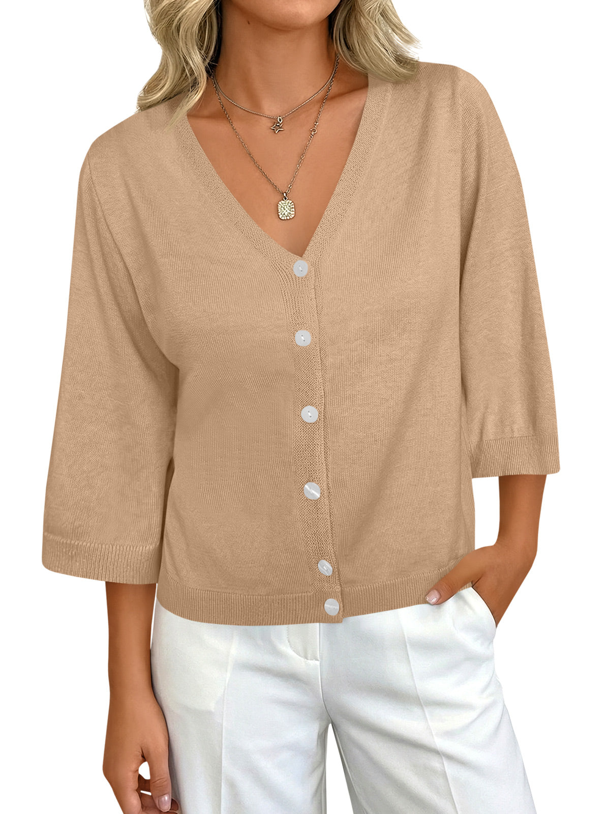 Womens Summer Lightweight V Neck Half Sleeve Knit Cardigans