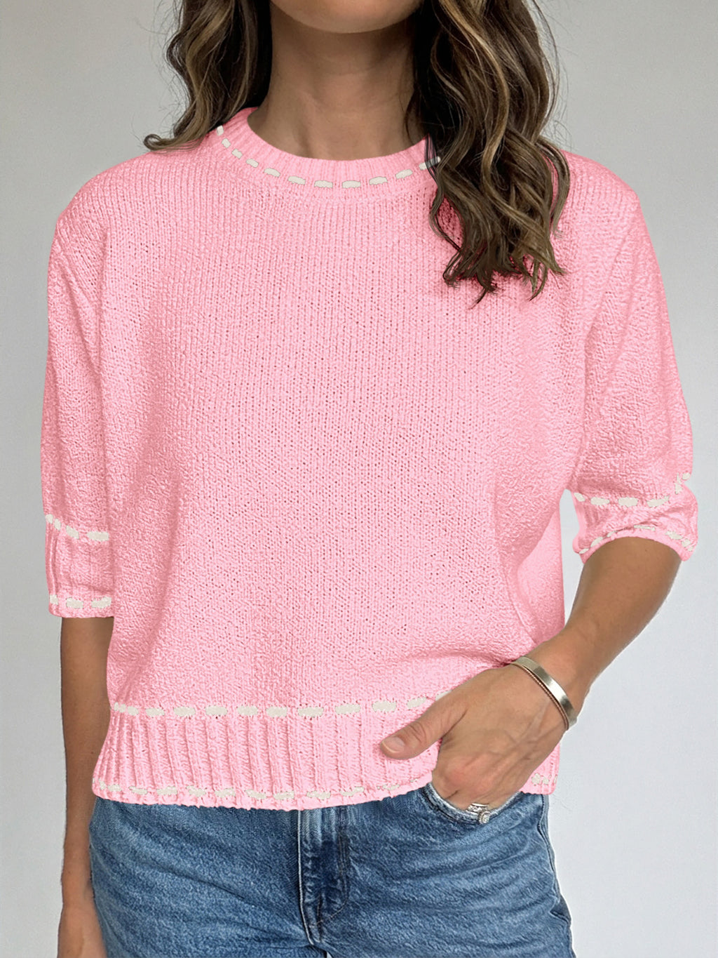 Saodimallsu Womens Cropped Crew Neck Knit Sweater