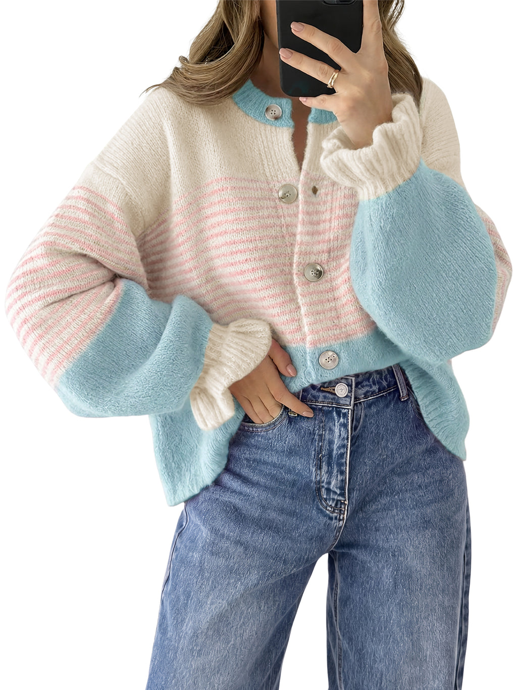 Saodimallsu Womens Striped Ruffle Sleeve Cardigan Coats