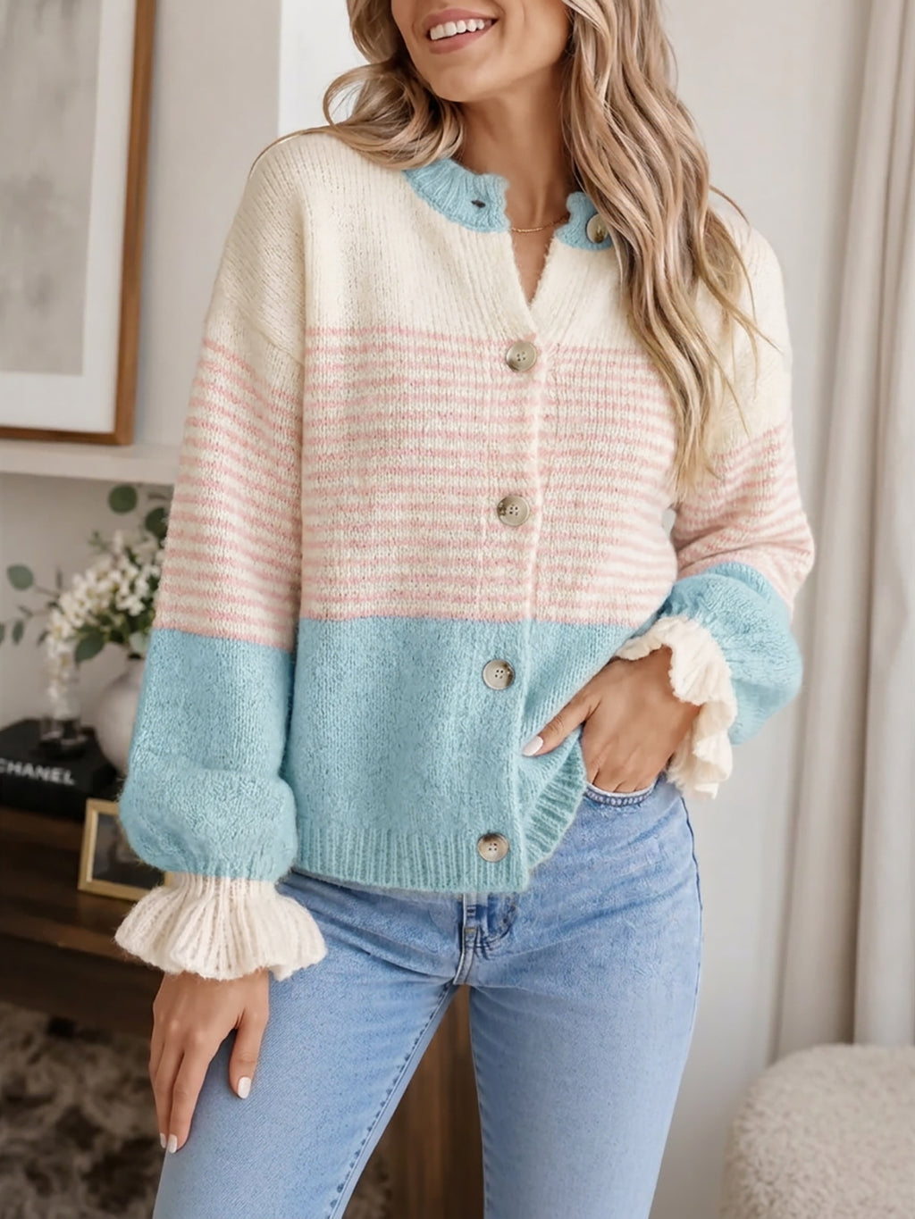 Saodimallsu Womens Striped Ruffle Sleeve Cardigan Coats