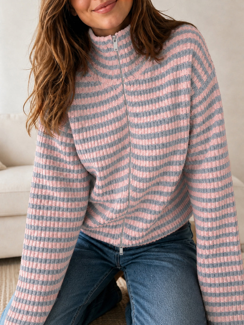 Saodimallsu Womens Striped Zip Knit Cardigan