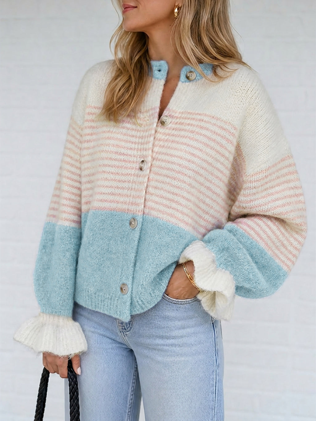 Saodimallsu Womens Striped Ruffle Sleeve Cardigan Coats