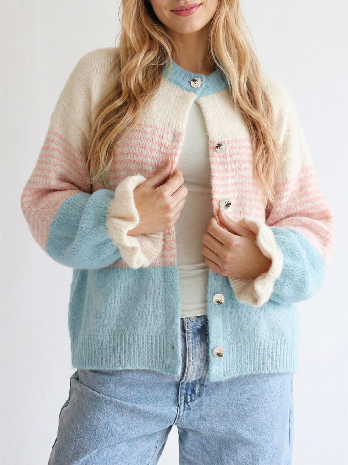Saodimallsu Womens Striped Ruffle Sleeve Cardigan Coats