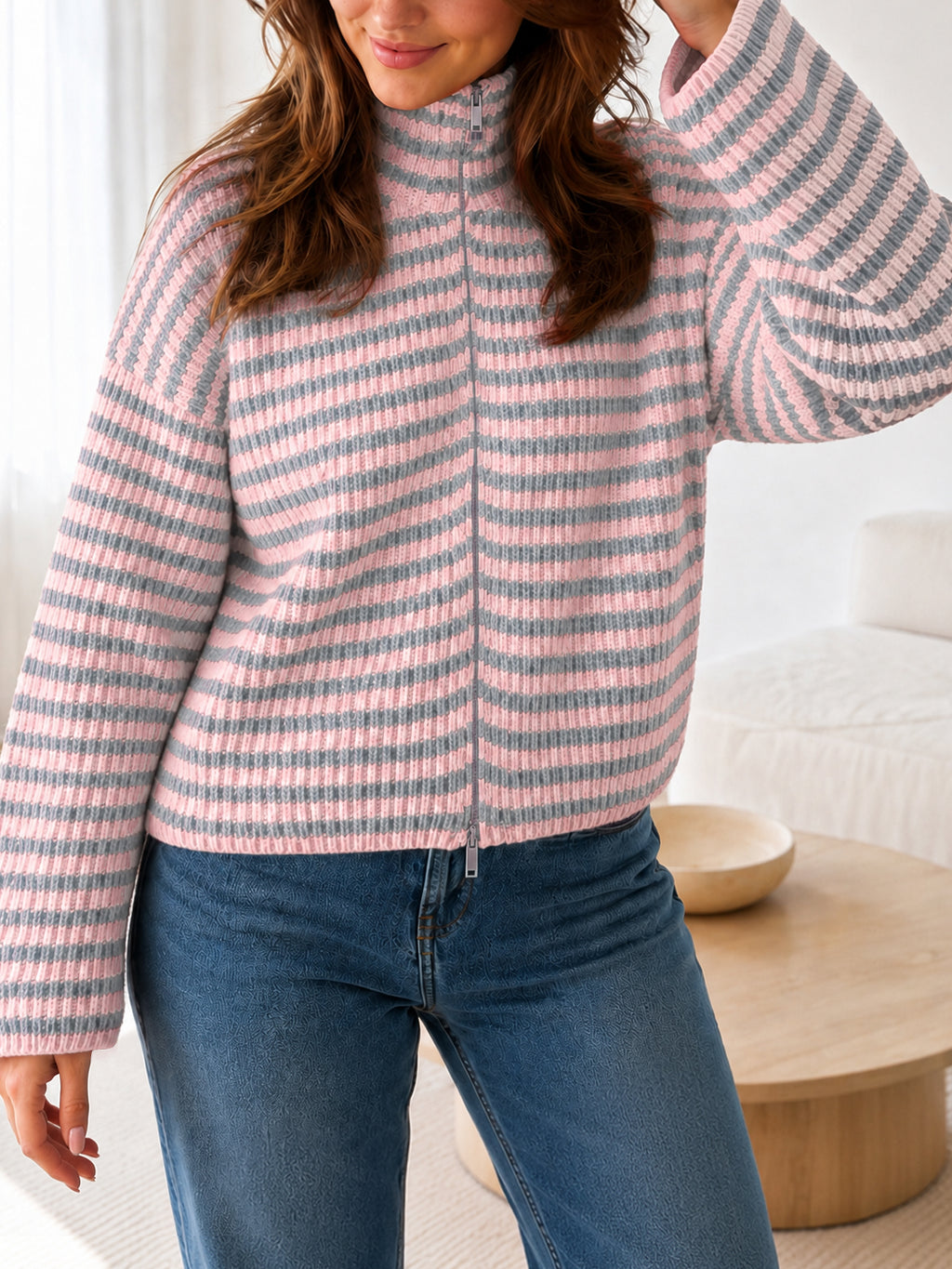 Saodimallsu Womens Striped Zip Knit Cardigan