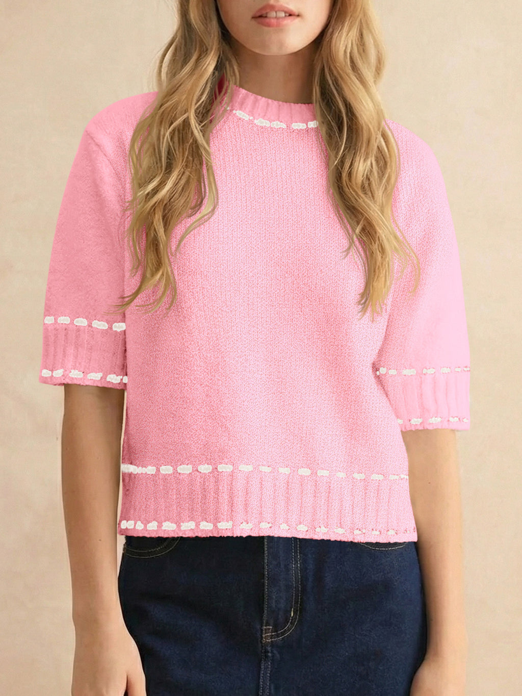 Saodimallsu Womens Cropped Crew Neck Knit Sweater