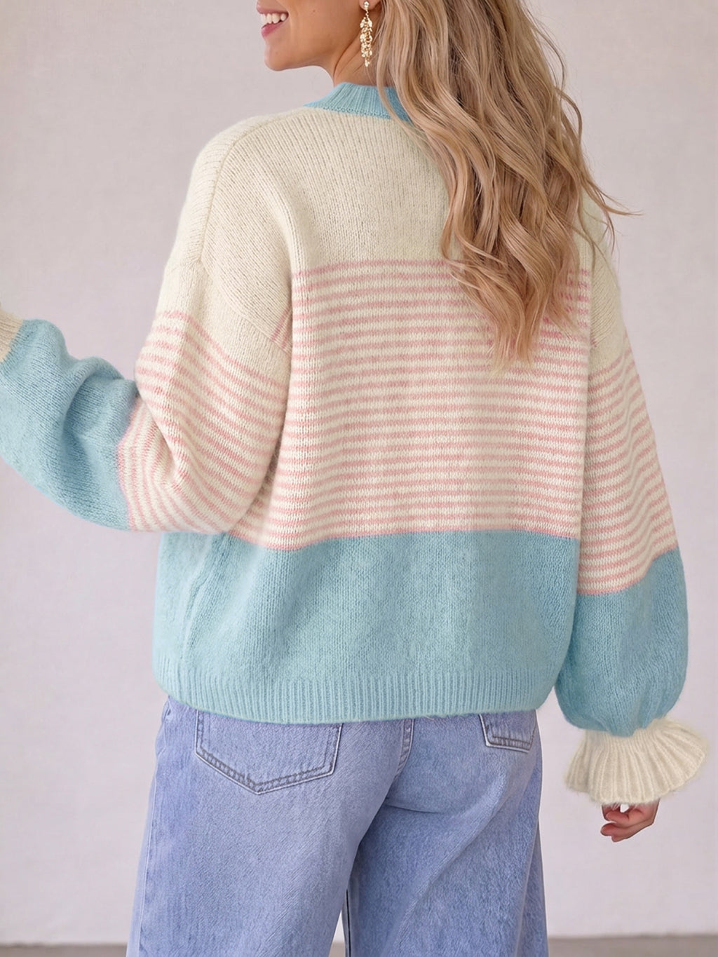Saodimallsu Womens Striped Ruffle Sleeve Cardigan Coats