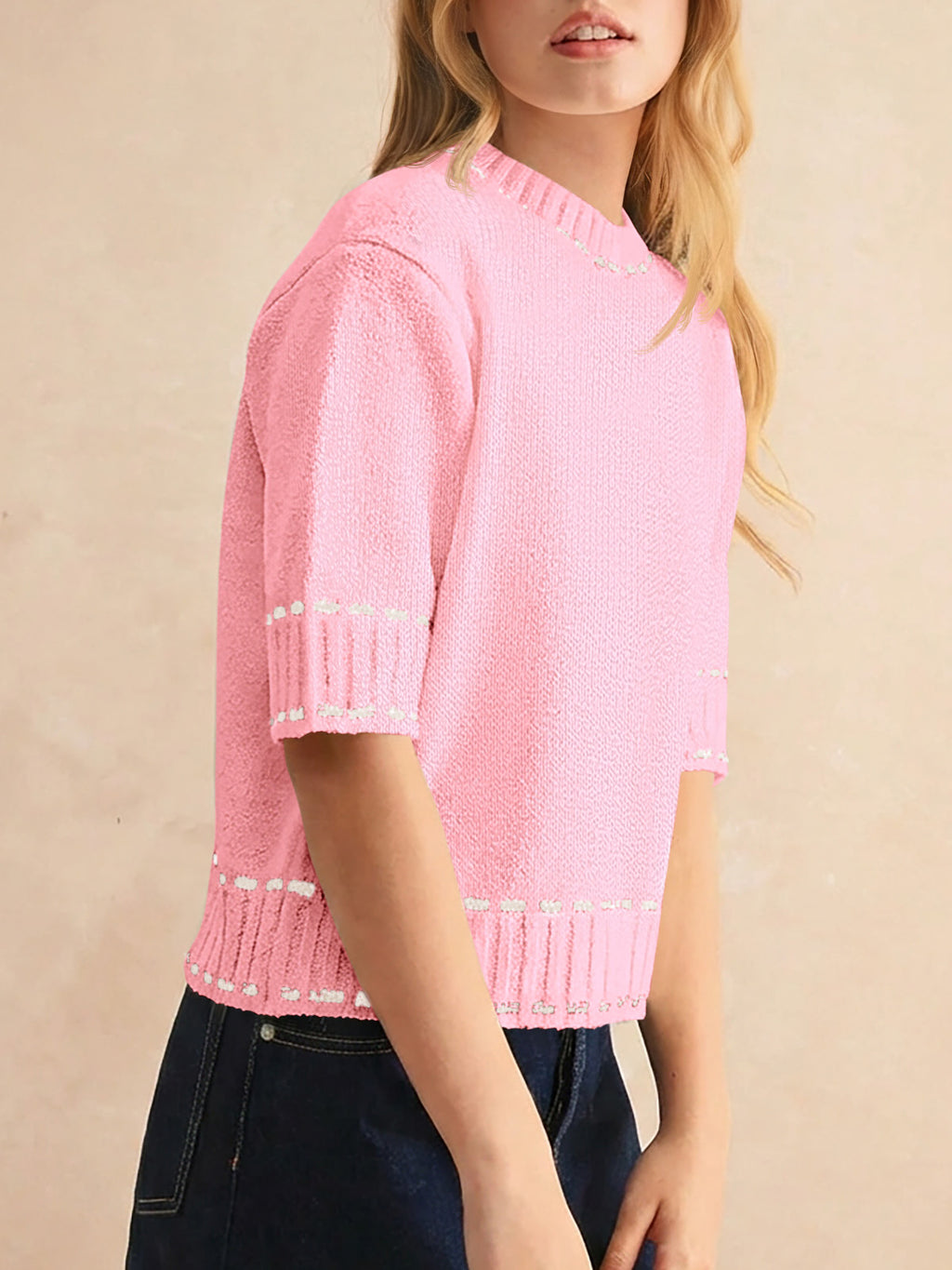 Saodimallsu Womens Cropped Crew Neck Knit Sweater