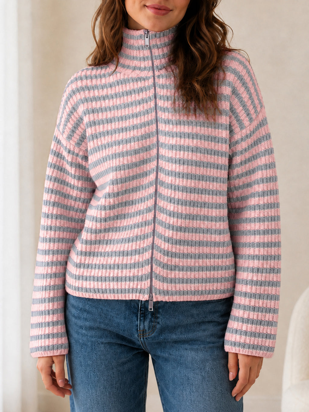 Saodimallsu Womens Striped Zip Knit Cardigan