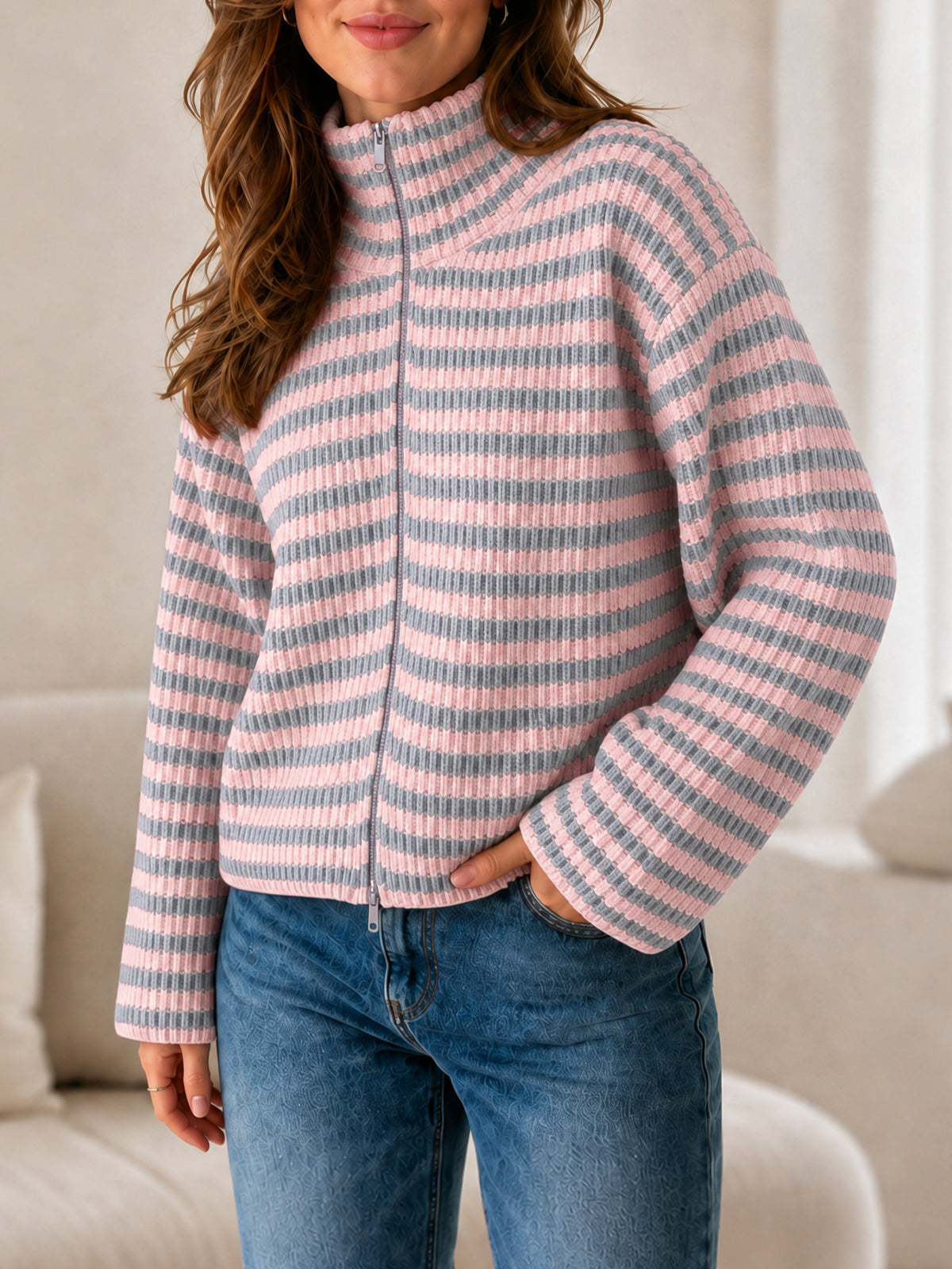 Saodimallsu Womens Striped Zip Knit Cardigan