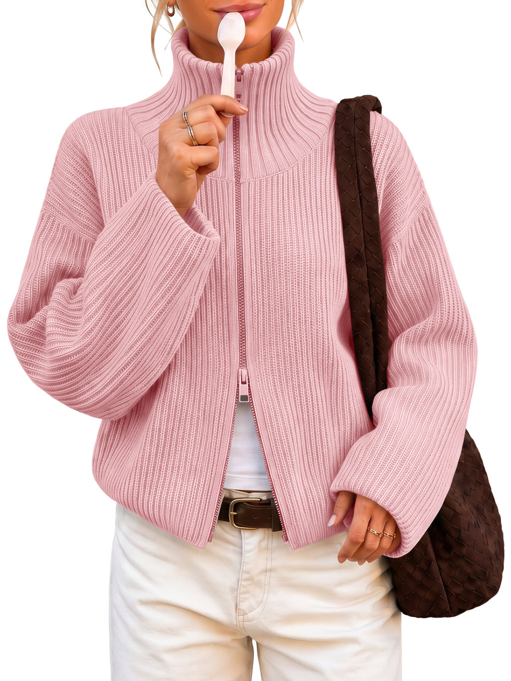 Saodimallsu Women Zip Up Chunky Knit Sweater