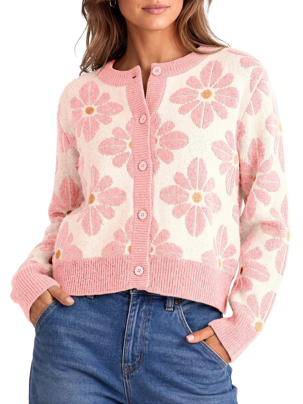 Saodimallsu Womens Floral Button Up Vintage Sweater
