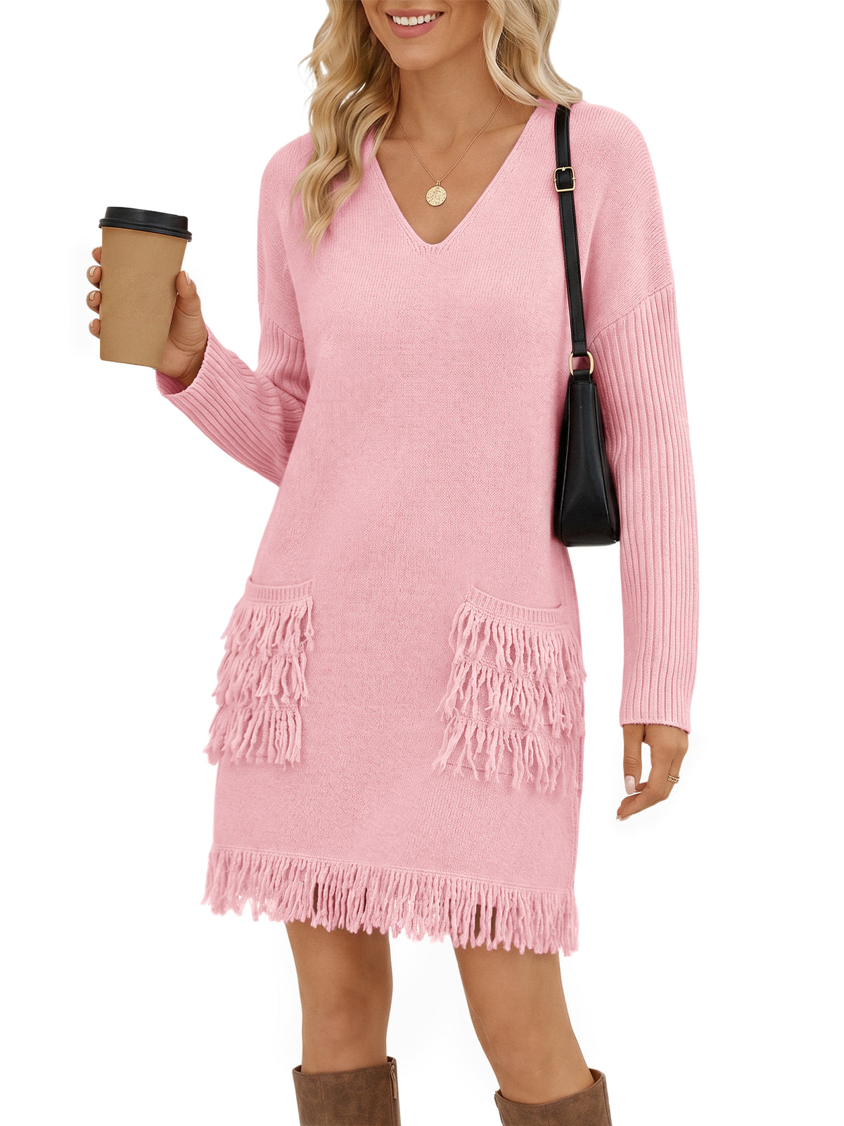 Saodimallsu Womens V Neck Sweater Dress