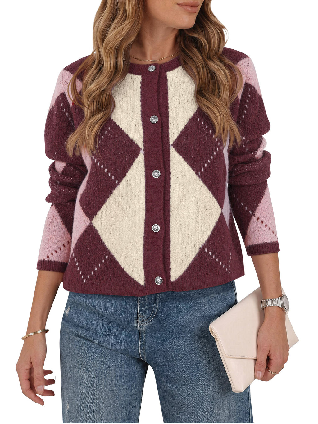 Saodimallsu Womens Argyle Crew Neck Knit Cardigan