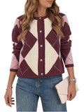 Saodimallsu Womens Argyle Crew Neck Knit Cardigan