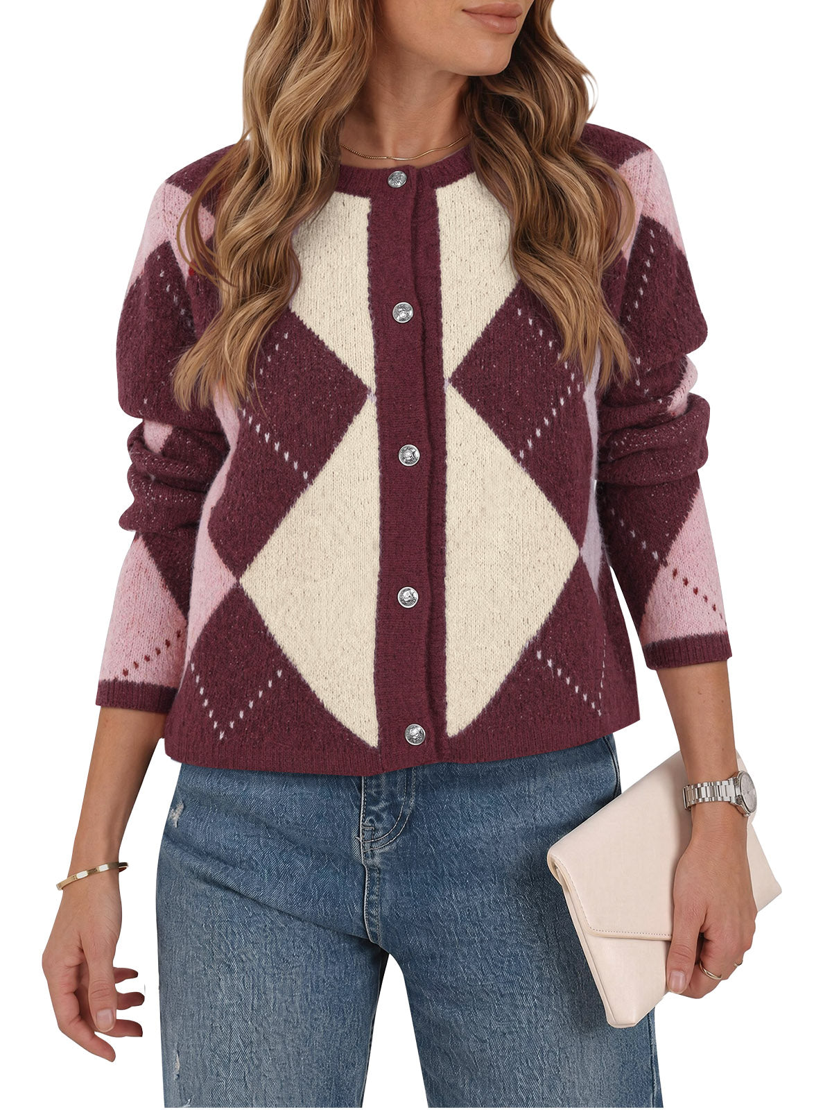 Saodimallsu Womens Argyle Crew Neck Knit Cardigan