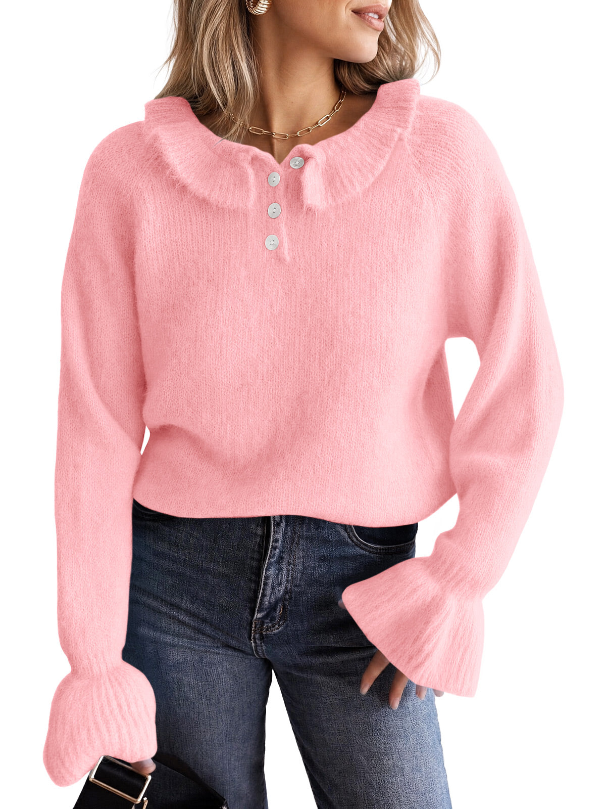 Saodimallsu Women Ruffle Collared Long Sleeve Sweater