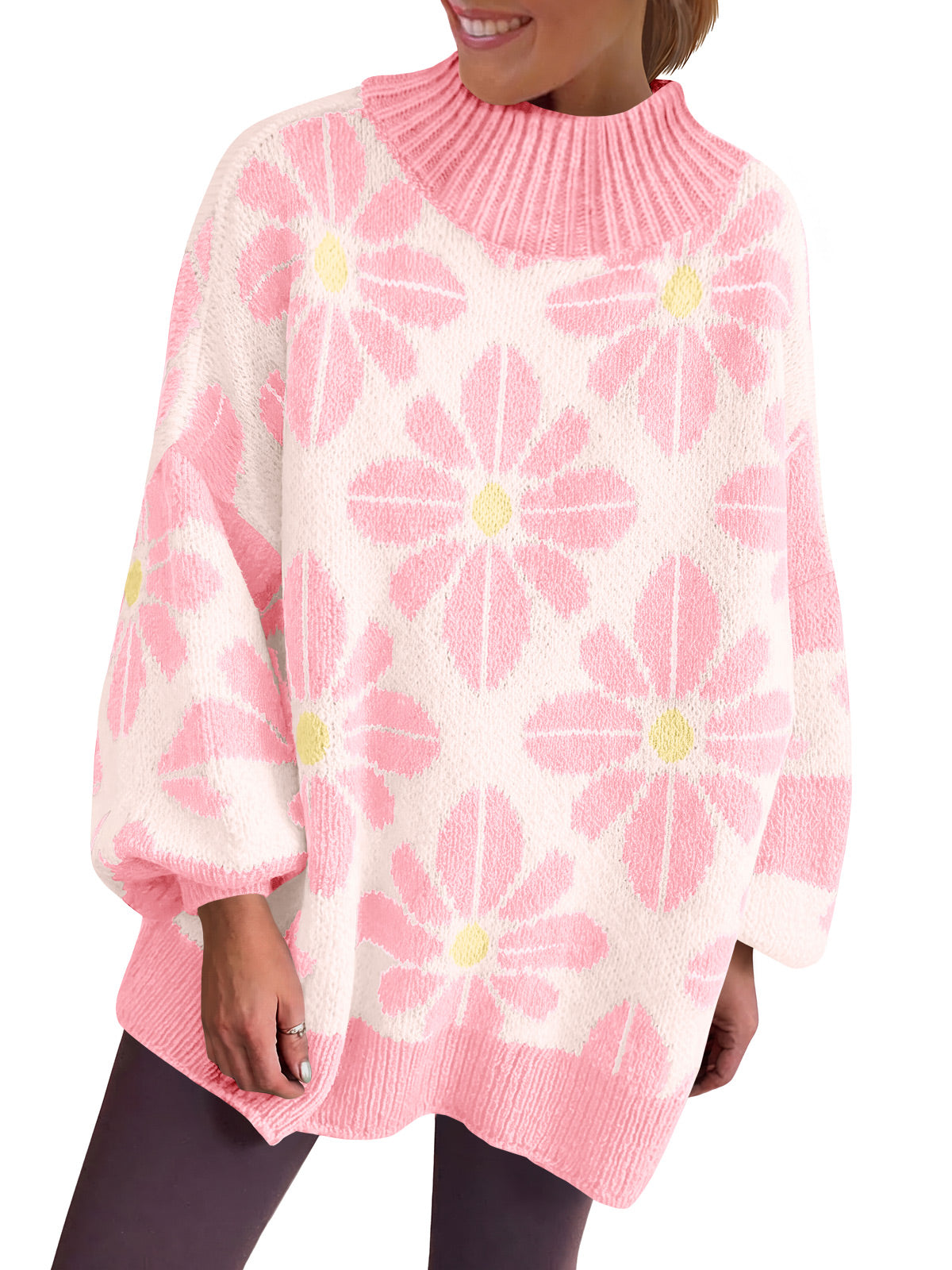 Saodimallsu Womens Floral Mock Neck Chunky Sweater