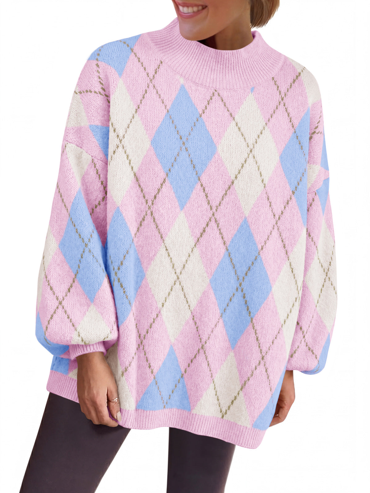 Saodimallsu Womens Oversized Argyle Fall Winter Sweater