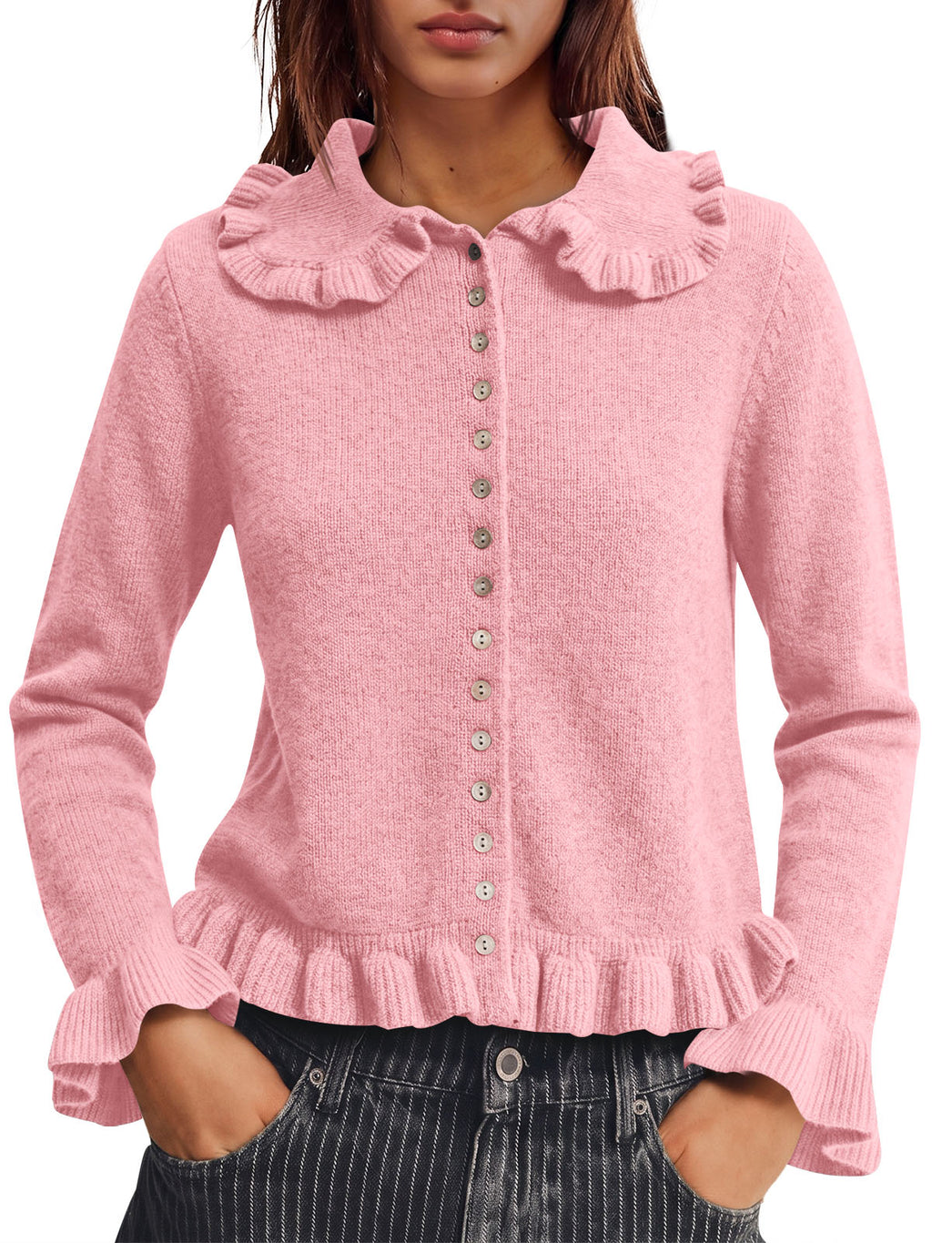 Saodimallsu Womens Ruffle Button Down Cardigan