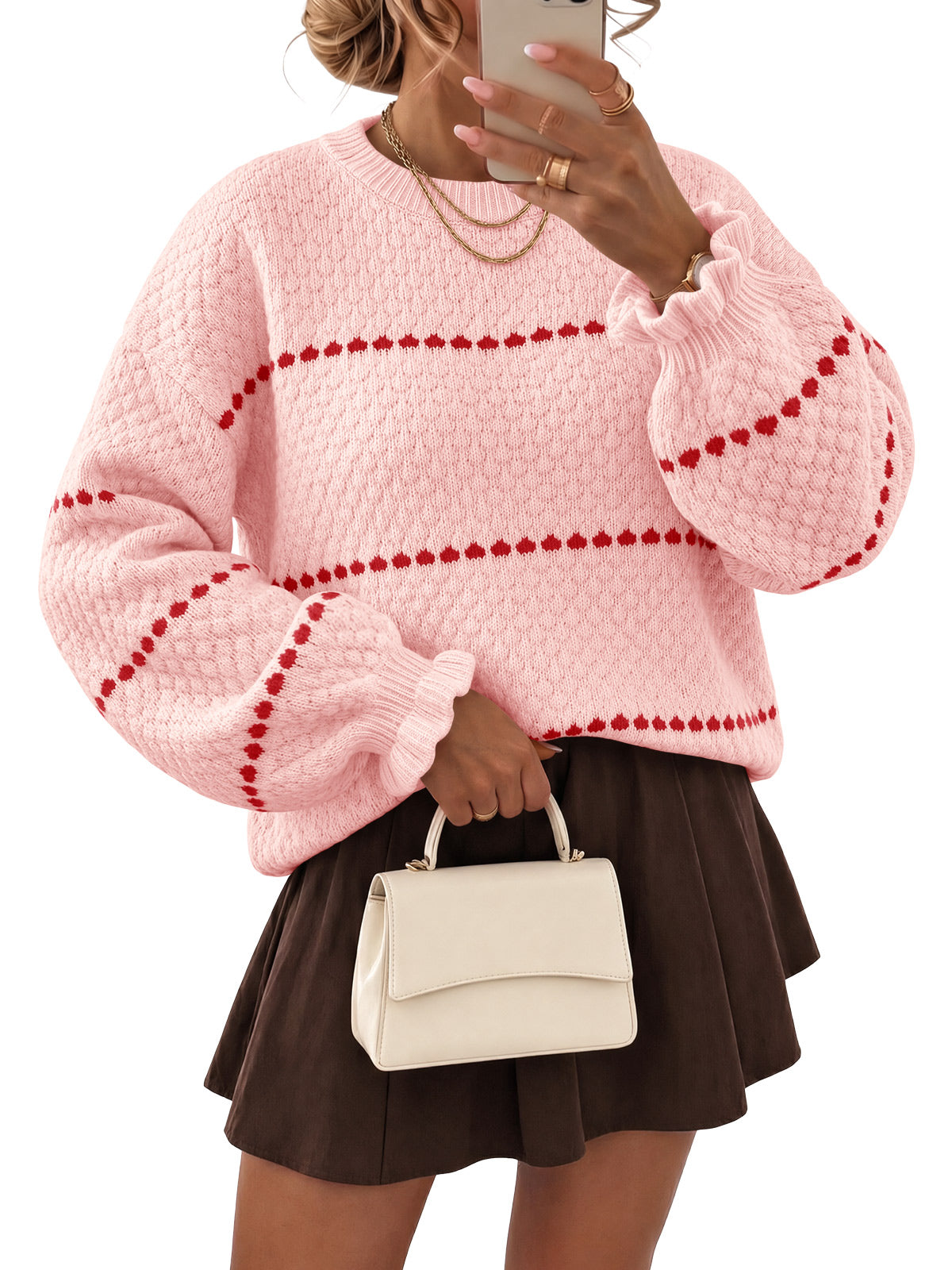 Saodimallsu Womens Heart Striped Ruffle Sweaters