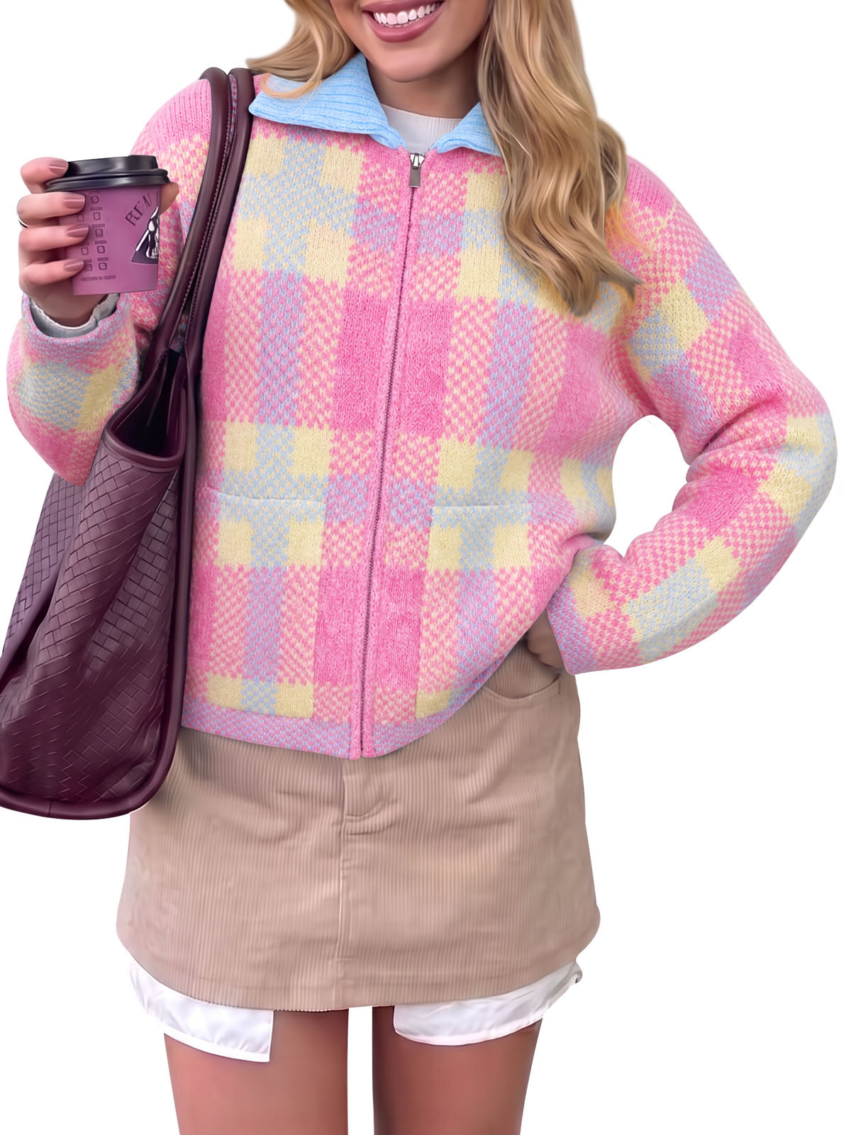 Saodimallsu Womens Plaid Color Block Zip Cardigan