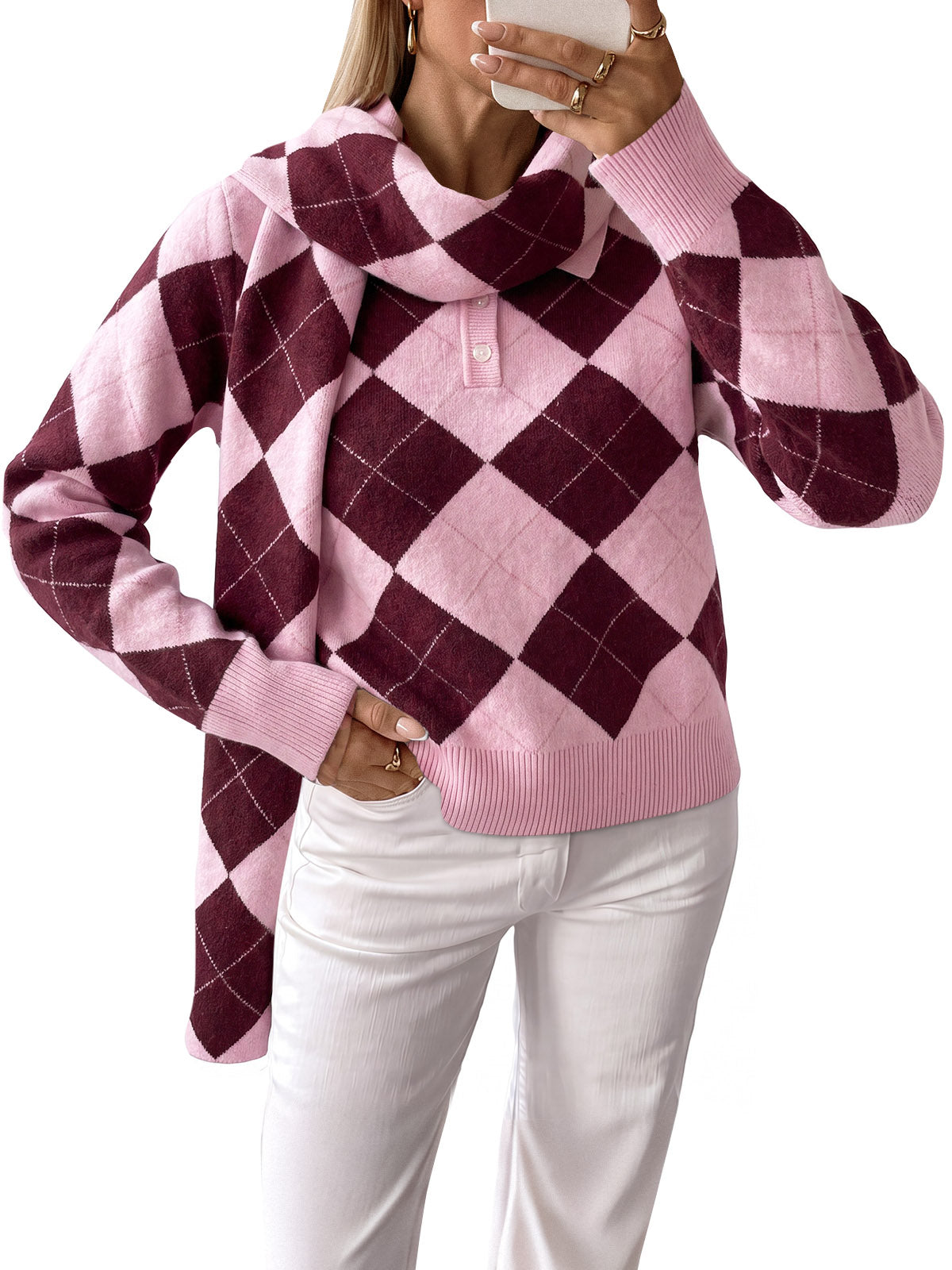 Saodimallsu Womens Argyle Color Block Polo Sweater