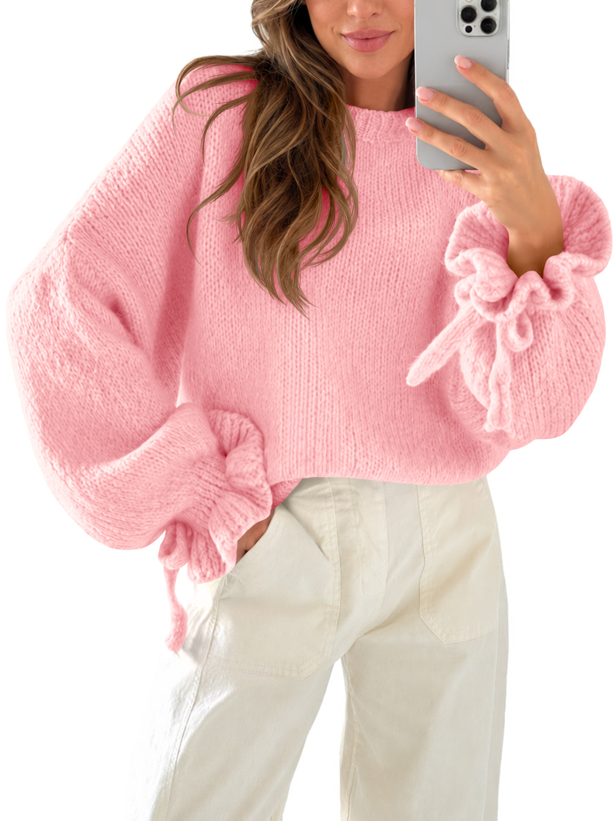 Saodimallsu Women Ruffle Long Sleeve Knit Sweater