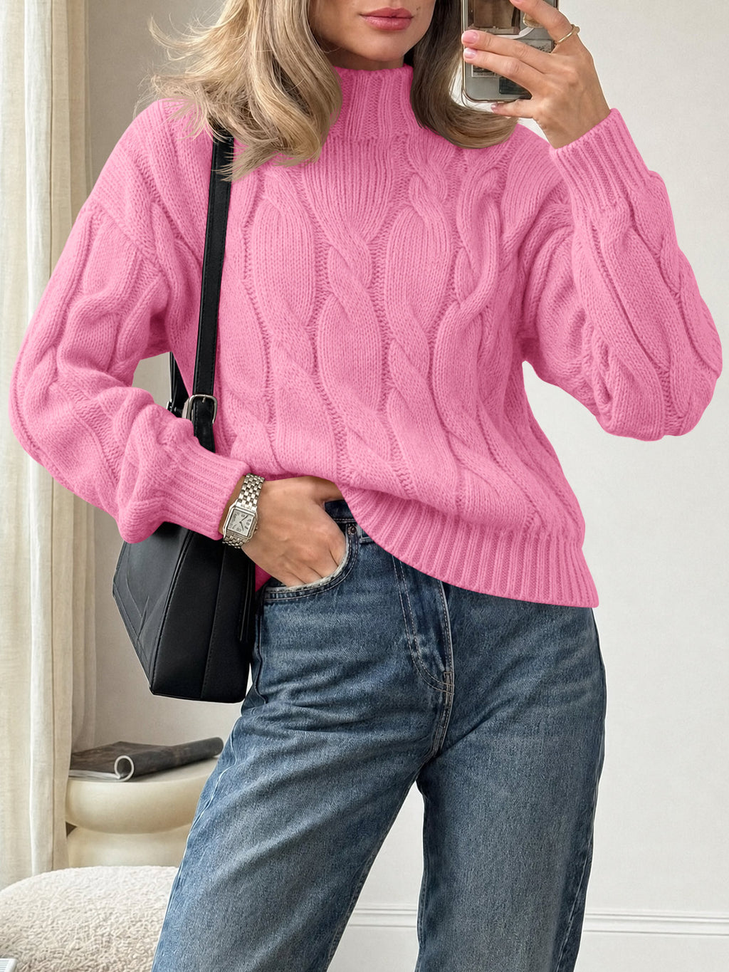 Saodimallsu Womens Mock Neck Cable Knit Sweater