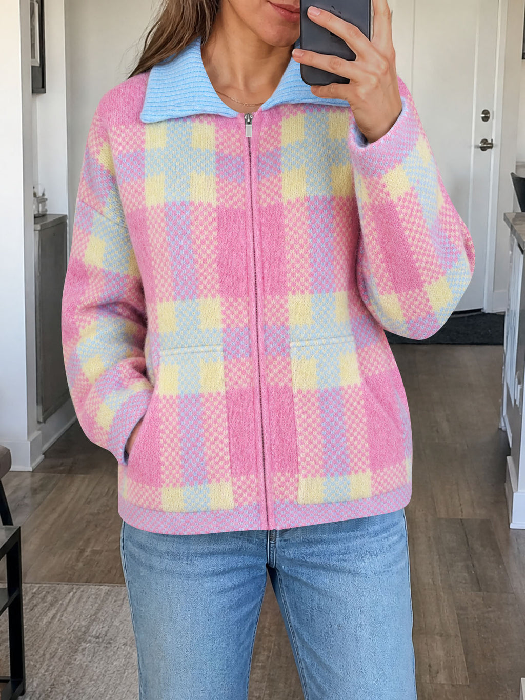 Saodimallsu Womens Plaid Color Block Zip Cardigan