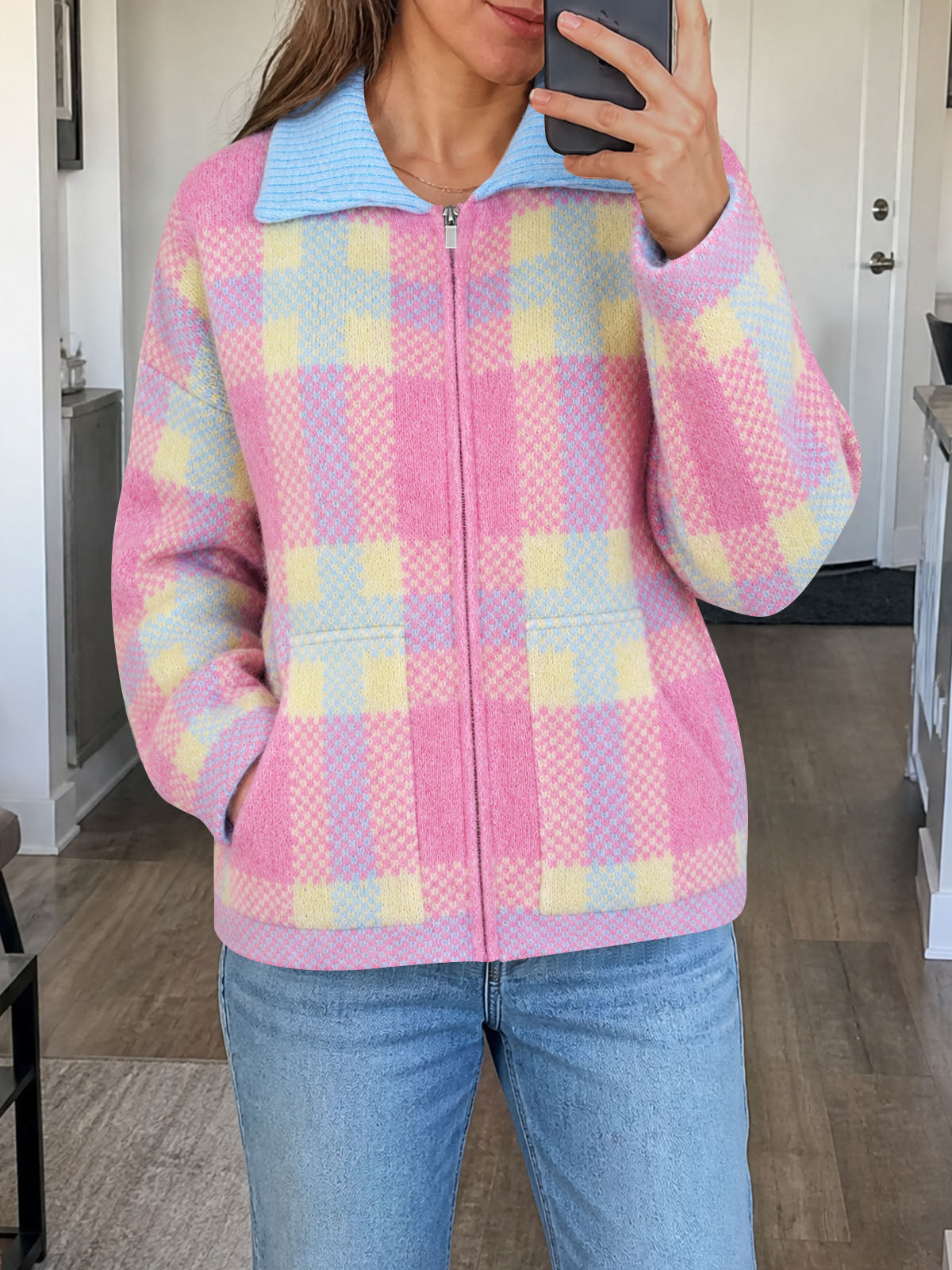 Saodimallsu Womens Plaid Color Block Zip Cardigan